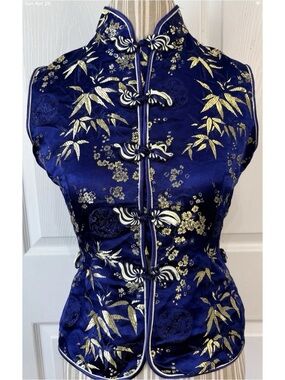 Elegant Navy Blue Brocade Mandarin Collar Sleeveless Top